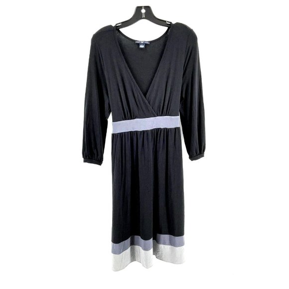 GAP Women's Long Sleeve Black Knit Stretch Dress Belted Striped Hem Size Large - Picture 1 of 15